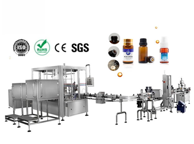 The fully automated edible oil liquid filling production line is equipped with a negative pressure filling machine