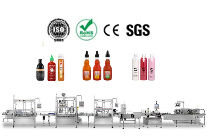 The fully automatic filling production line is equipped with a servo filling machine and a vibratory cap sorting and capping machine.
